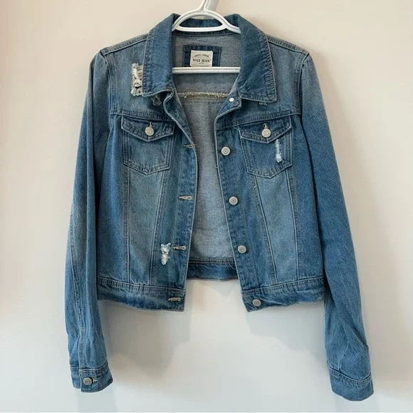 Wax Jean Vintage Denim Jacket Mid Blue Wash Distressed Casual Layers Medium VTG - Picture 2 of 12